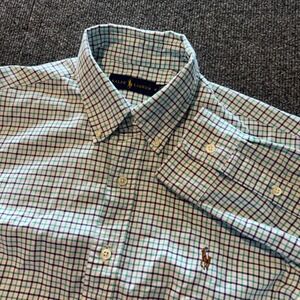 Ralph Lauren Mens Medium Teal Navy Oxford Plaid Button Down Shirt Flesh Pony